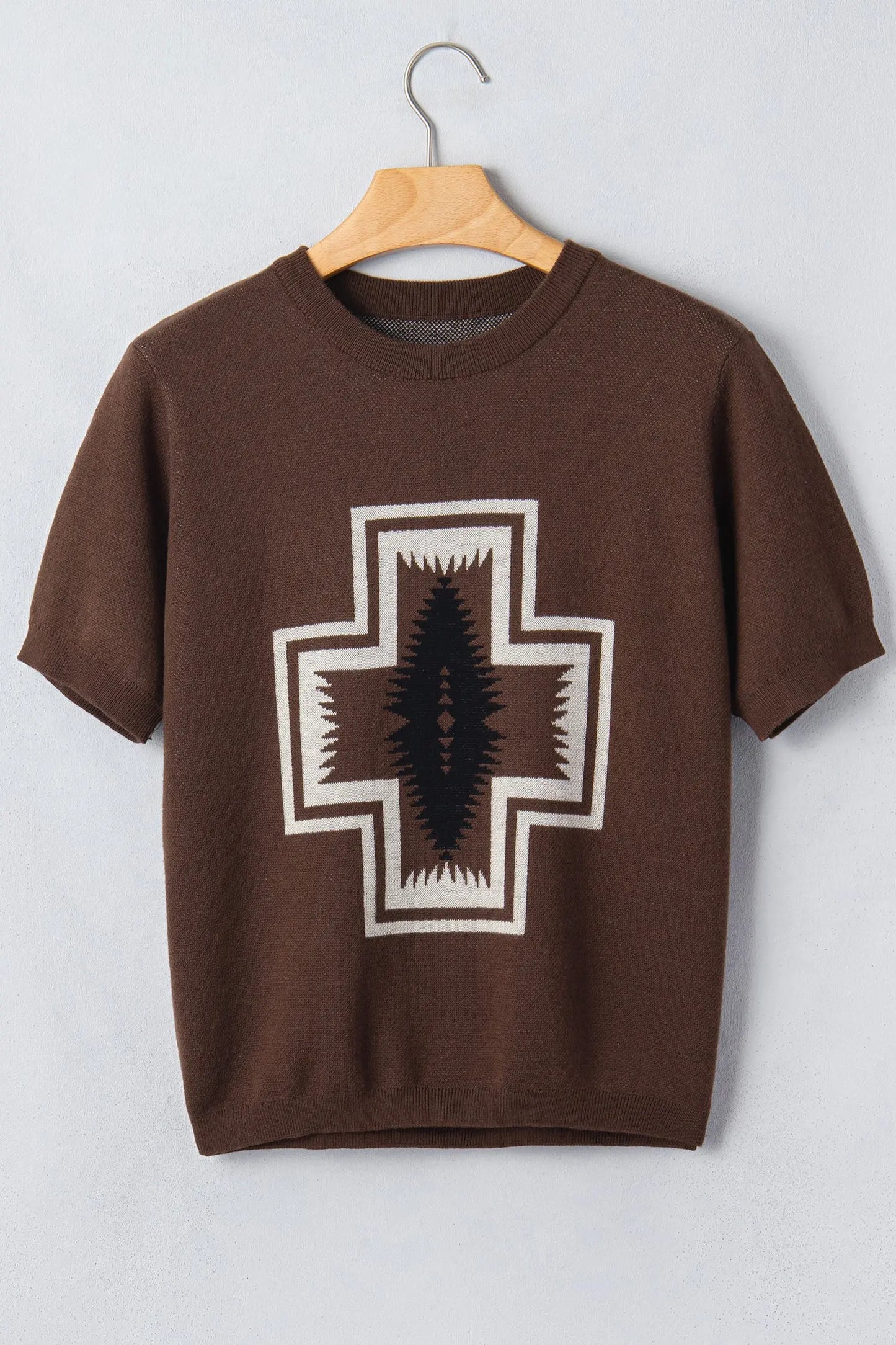 Brown Western Print Short Sleeve Knit Casual Sweater
