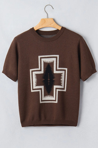 Brown Western Print Short Sleeve Knit Casual Sweater