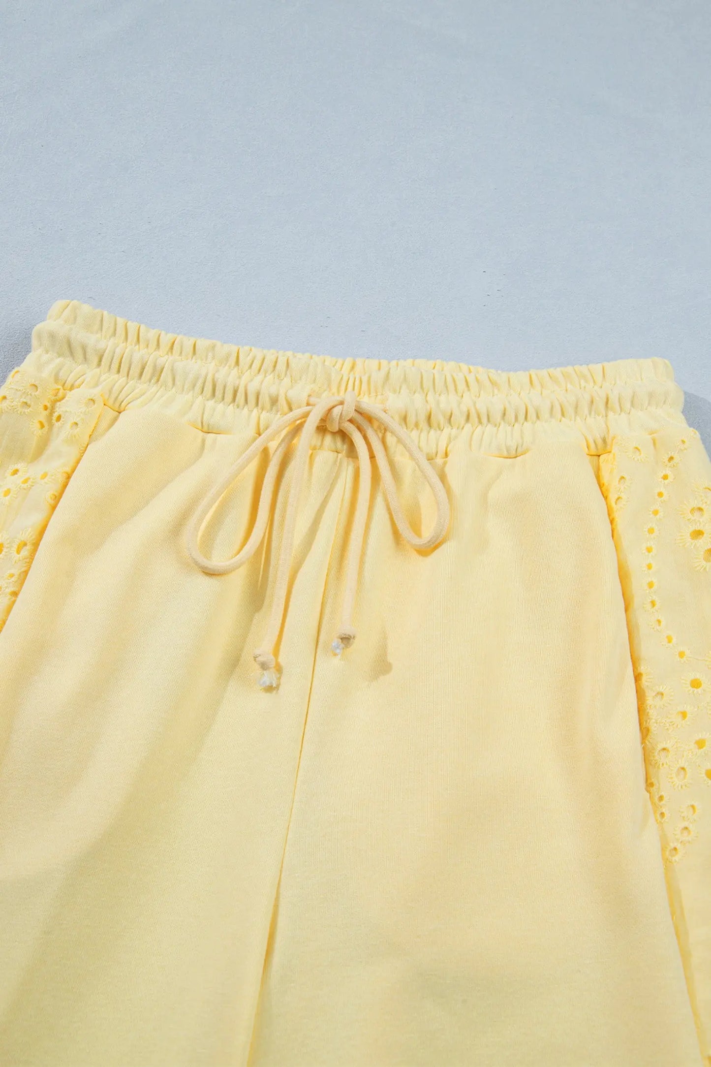 Yellow Cream Lace Patchwork Half Sleeve Top Elastic Waist Pants Two Piece Set Nataliz