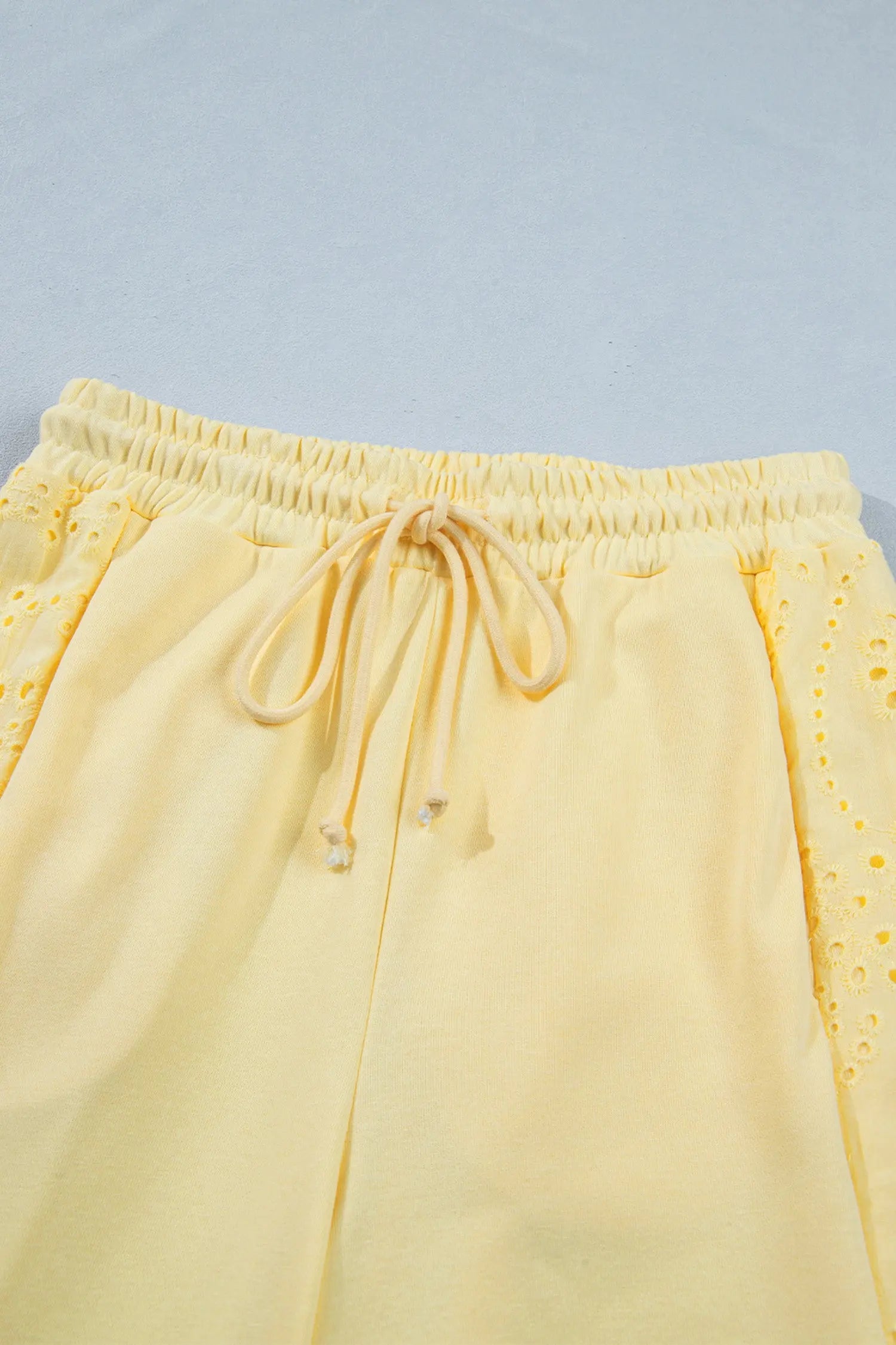 Yellow Cream Lace Patchwork Half Sleeve Top Elastic Waist Pants Two Piece Set Nataliz
