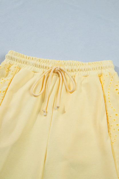 Yellow Cream Lace Patchwork Half Sleeve Top Elastic Waist Pants Two Piece Set Nataliz