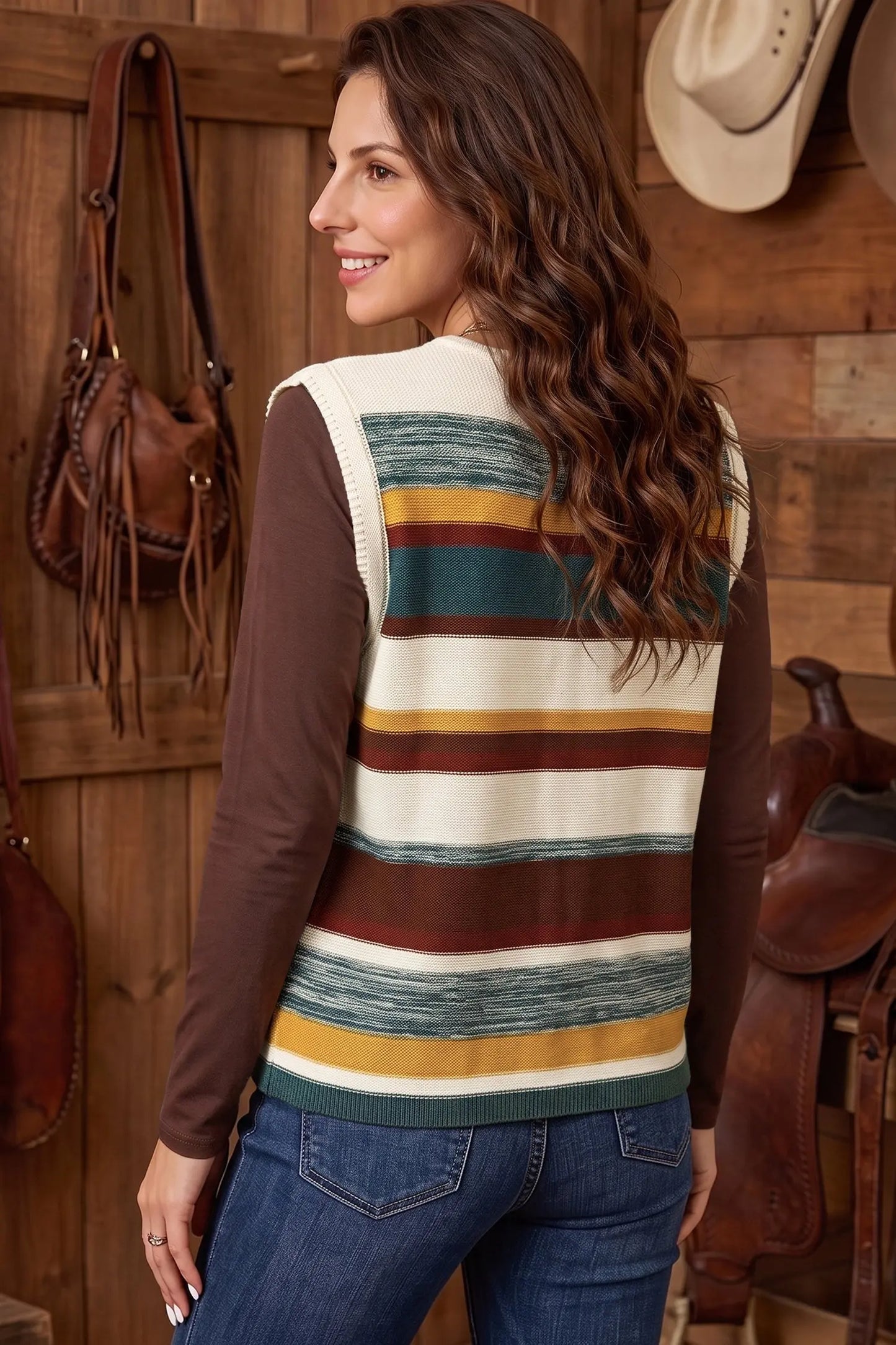 Multicolour Striped Button Front Sleeveless Knit Regular Fit Sweater Vest
