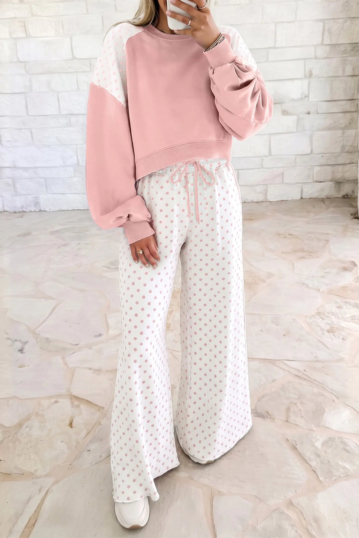 Pink Polka Dot Patchwork Colorblock Long Sleeve Casual Two Piece Pants Set model front view · nz-alt-v1