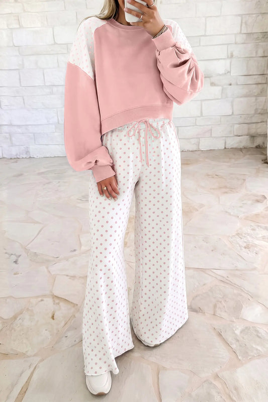 Pink Polka Dot Patchwork Colorblock Long Sleeve Casual Two Piece Pants Set model front view · nz-alt-v1