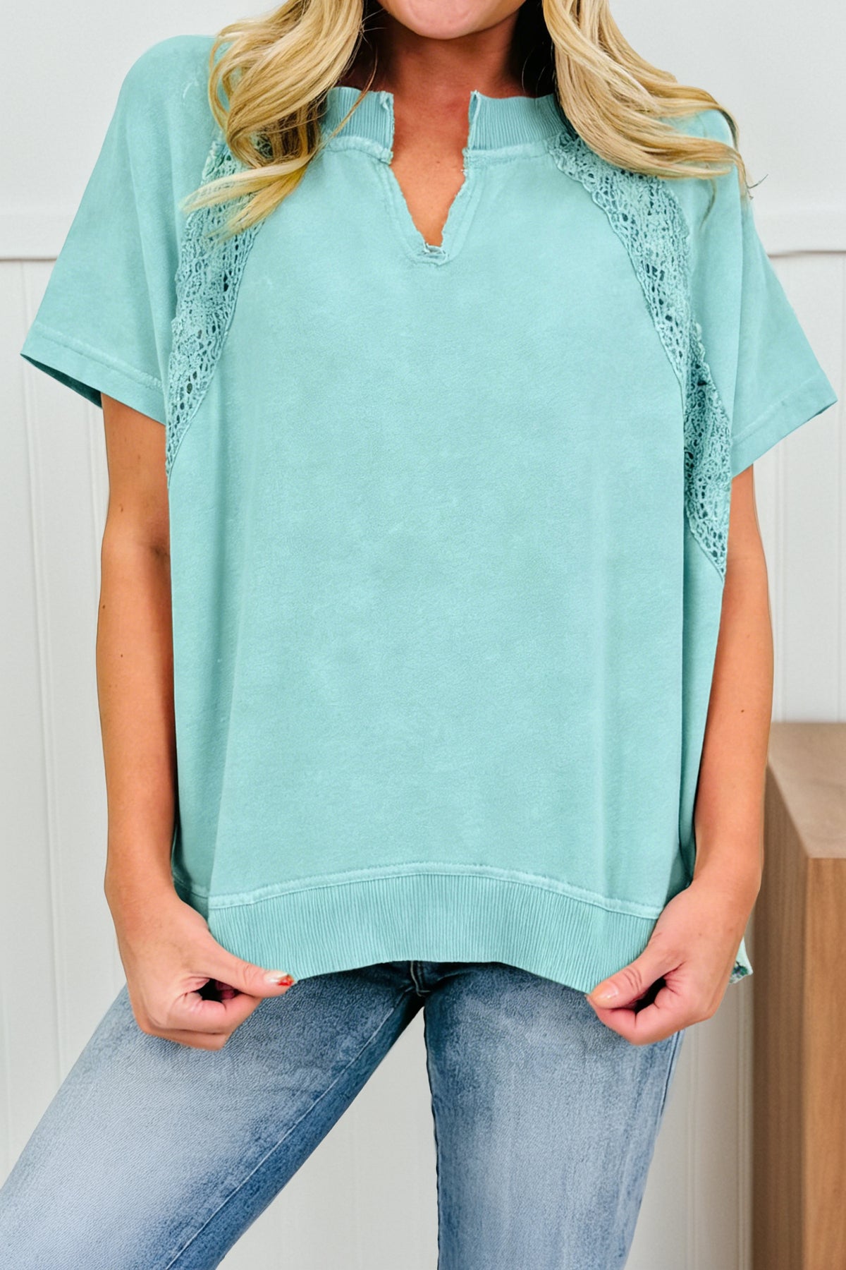 Cotton Raw Cut Notched Neck Lace Patchwork Detail Mineral Wash Tee