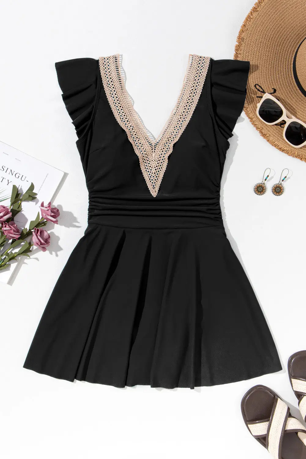 Black Ruffled Short Sleeve Lace Trim V Neck One Piece Swim Dress