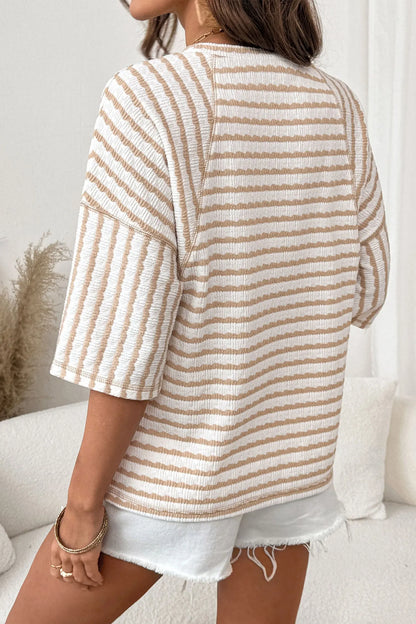 Brown Stripe Textured Knit Split Hem Half Sleeve Loose Top Nataliz