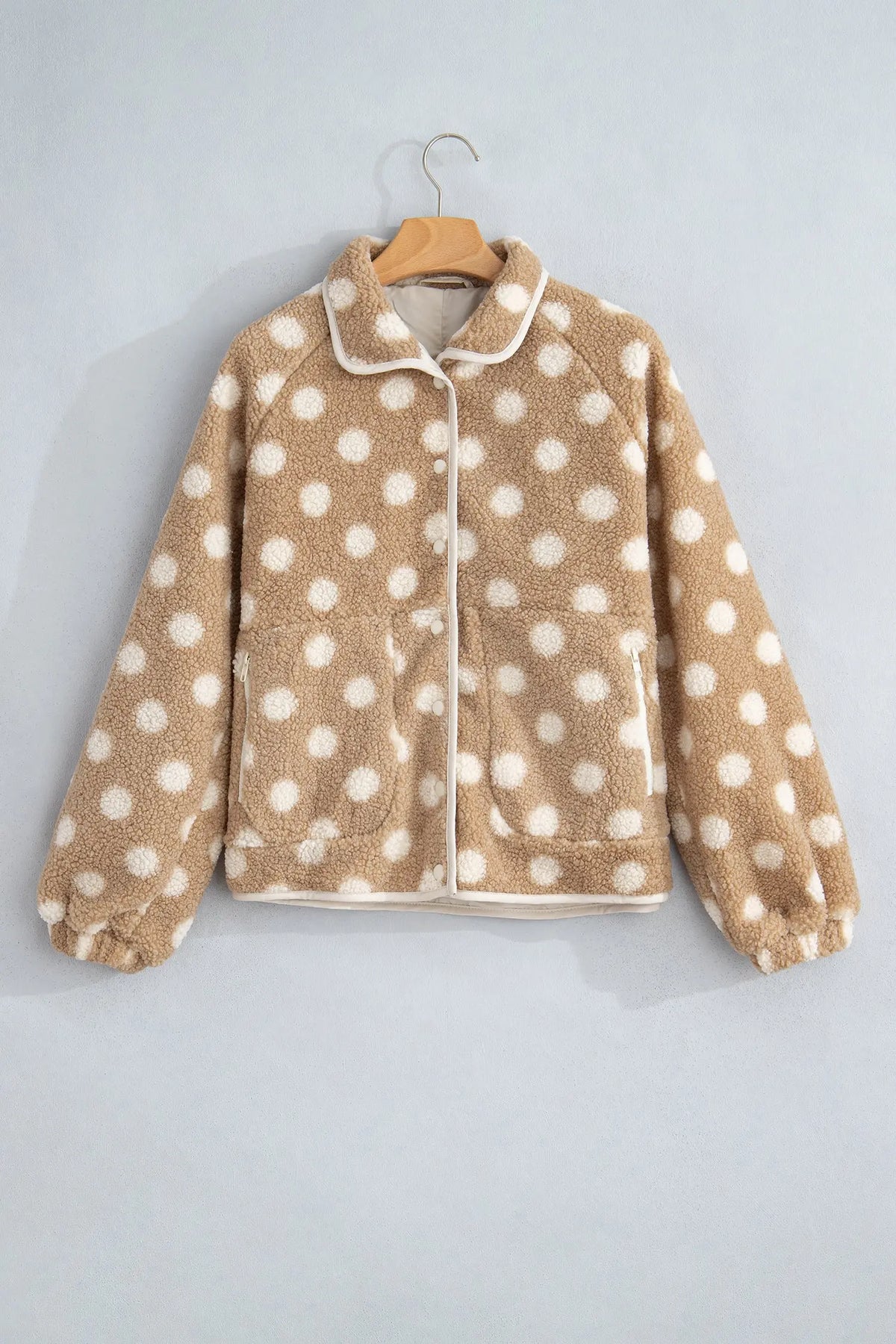 Khaki Polka Dot Faux Fur Metal Button Placket Shift Silhouette Jacket