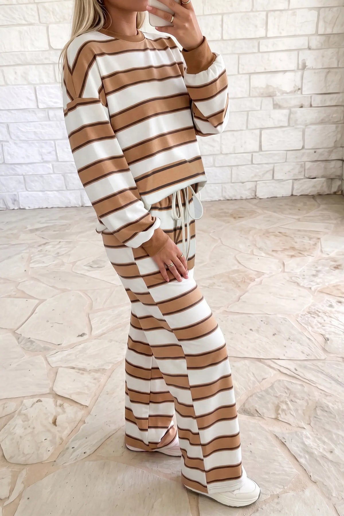 Khaki Stripe Contrast Trim Patchwork Casual Two-Piece Pants Set
