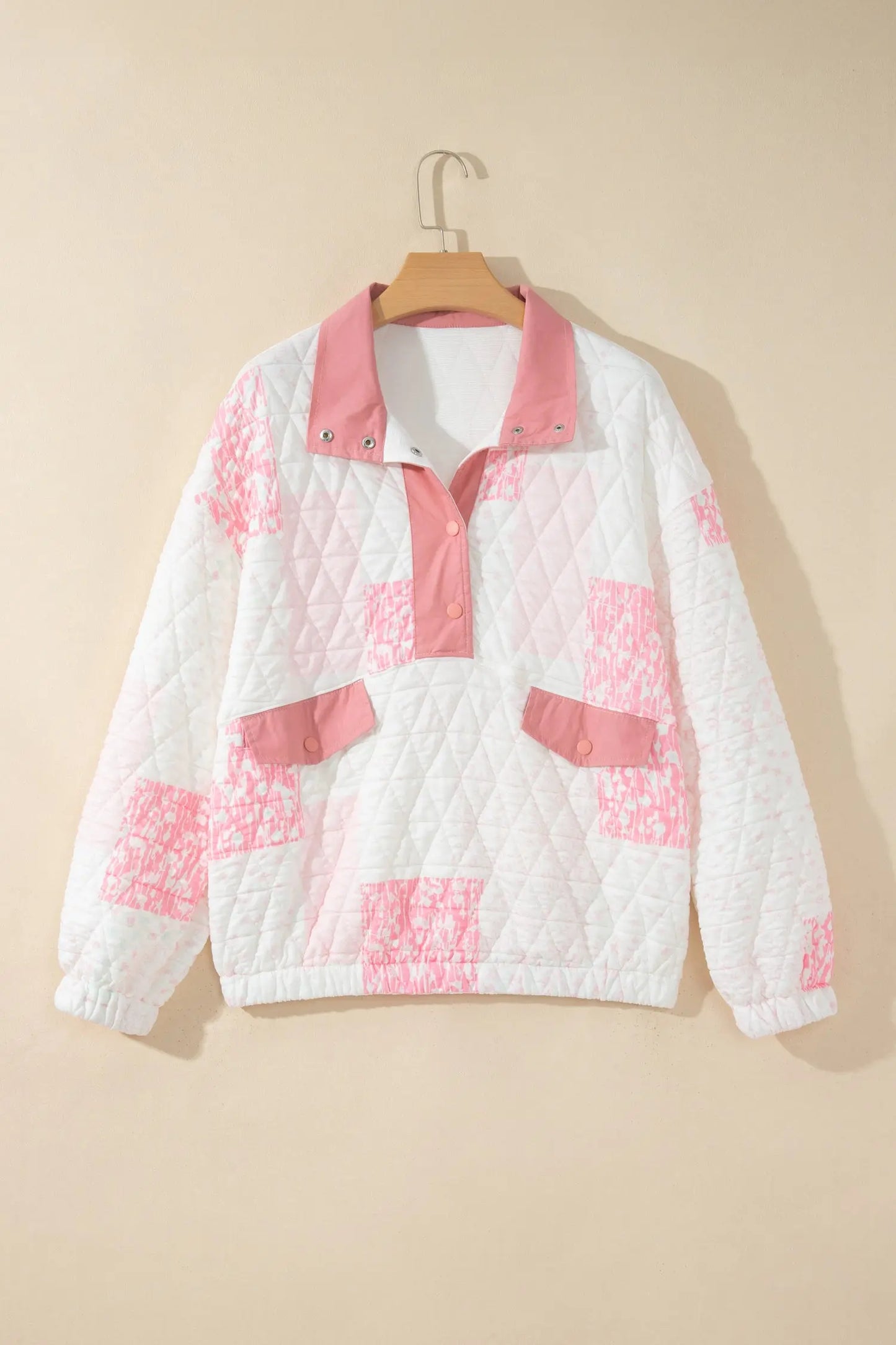 Pink Floral Quilted Half Button Pocketed Pullover Sweatshirt