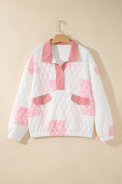 Pink Floral Quilted Half Button Pocketed Pullover Sweatshirt