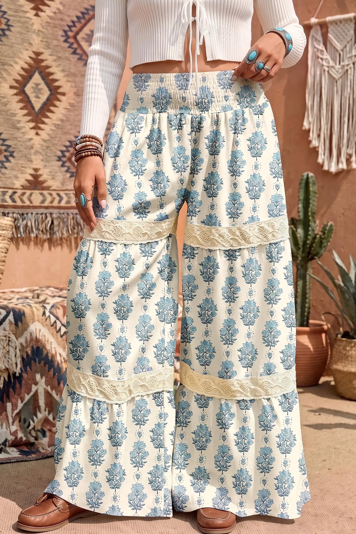 Sky Blue Floral Print Lace Patchwork Detail Wide Leg Pants model front view · nz-alt-v1