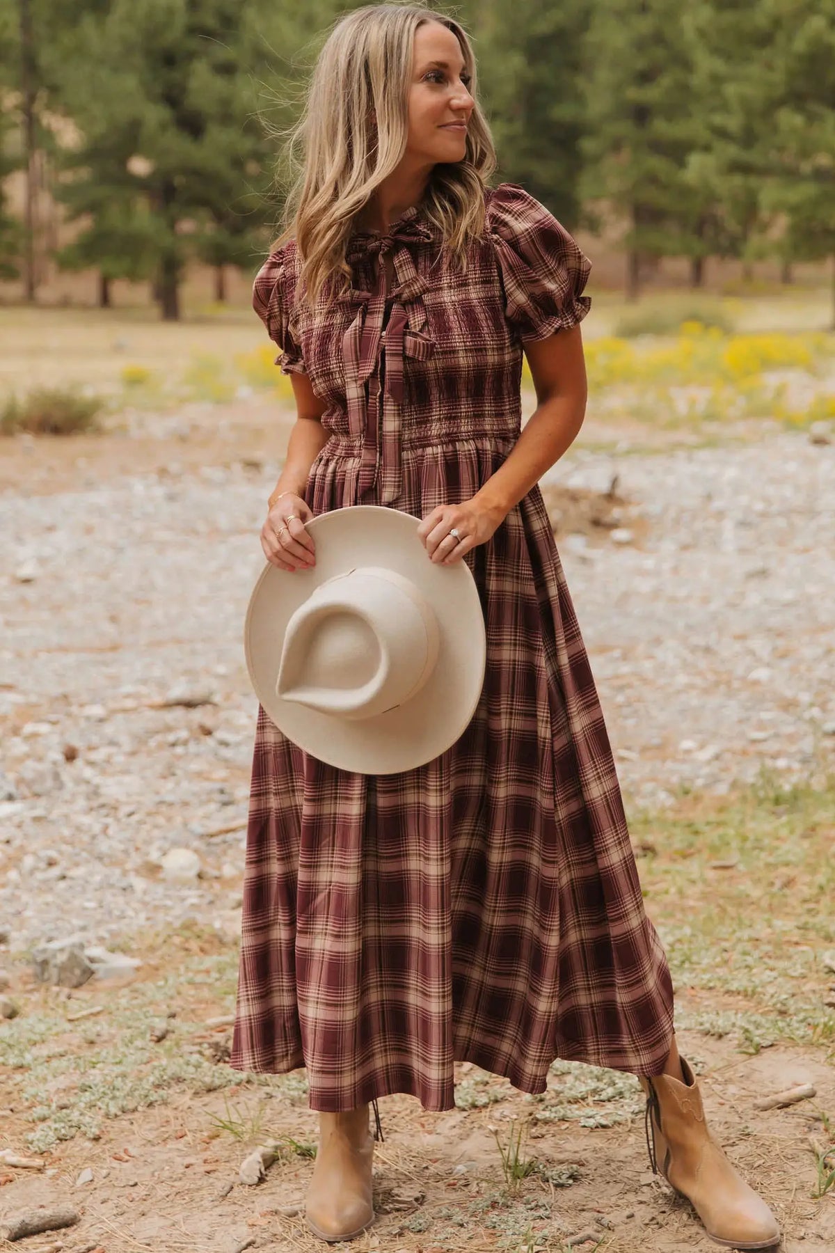 Red Vintage Plaid Knot Front Smocked High Waist Midi Dress model front view · nz-alt-v1