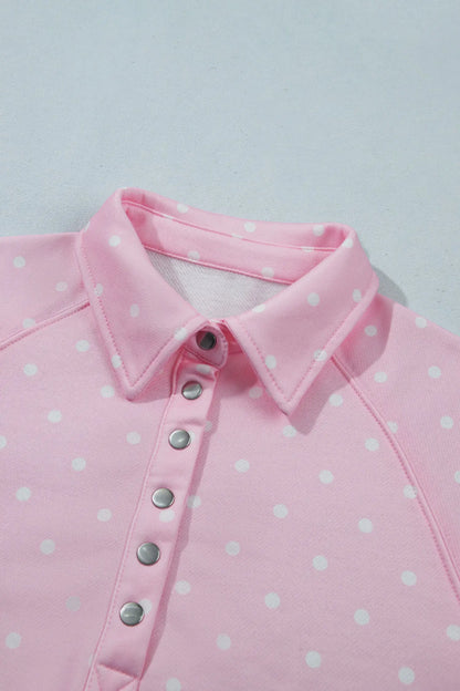 Pink Polka Dot Print Metal Button Collar Casual Pullover Sweatshirt
