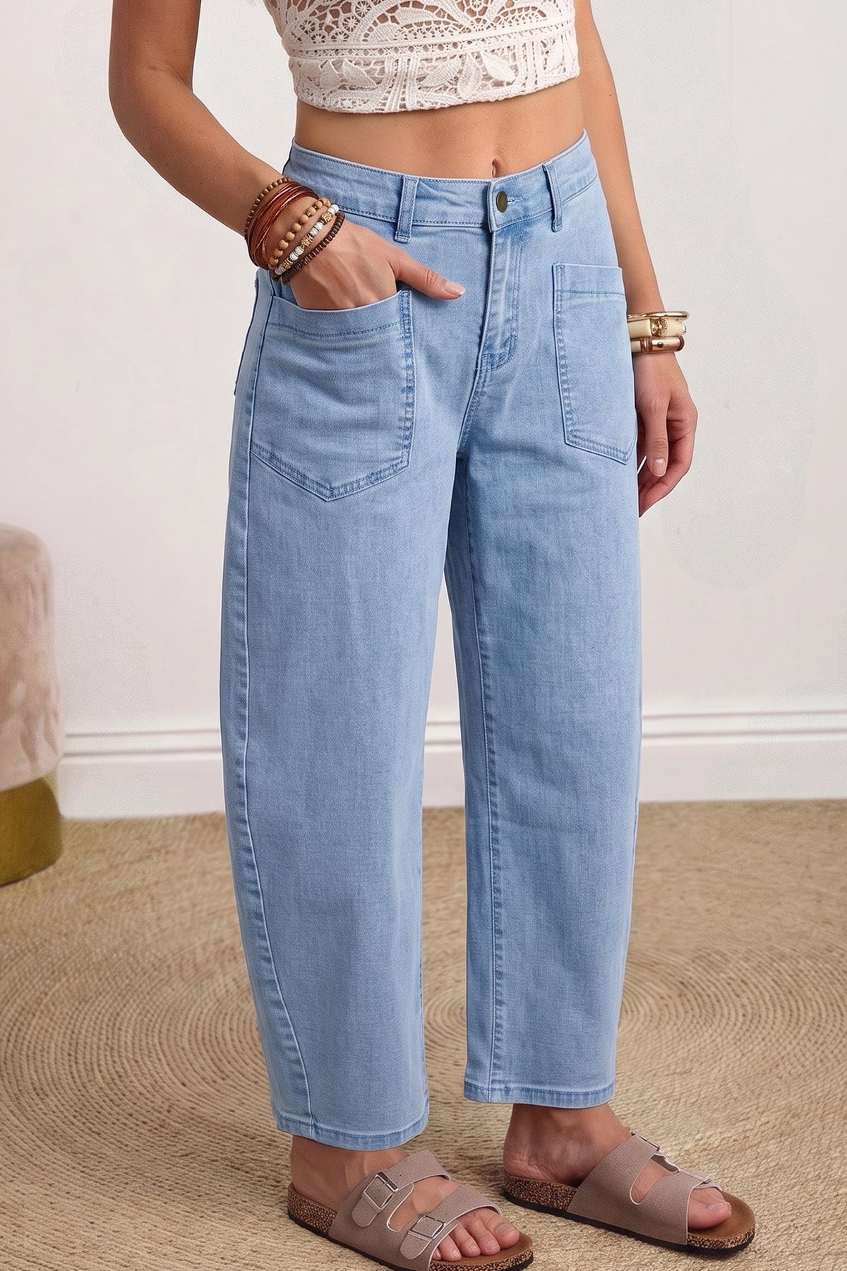 Solid Color Square Patch Pocket Ankle-length Barrel Jeans