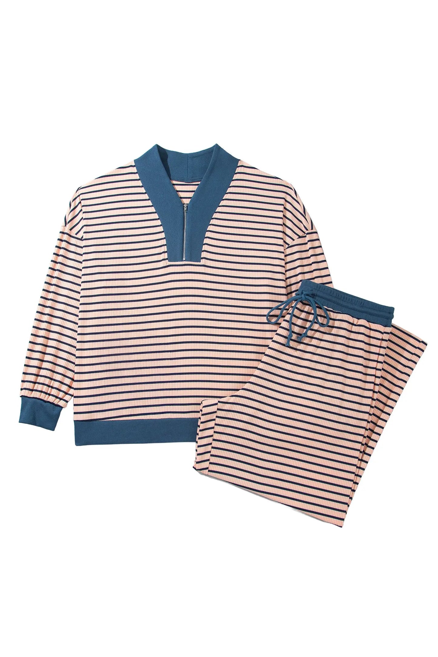 Pink Stripe Striped Colorblock V Neck Long Sleeve Plus Size Set