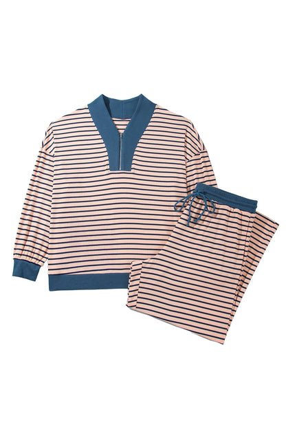 Pink Stripe Striped Colorblock V Neck Long Sleeve Plus Size Set