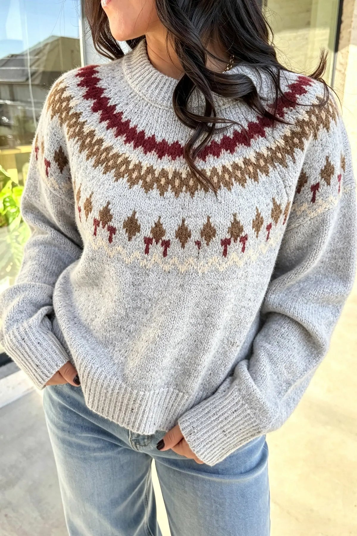 Gray Geometric Detail Round Neck Winter Sweater model front view · nz-alt-v1
