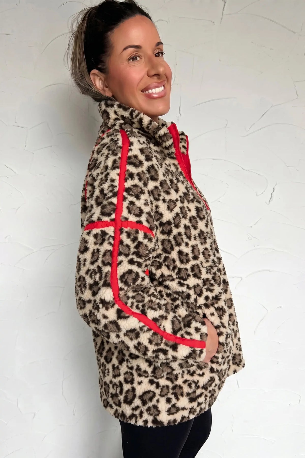 Brown Leopard Print Zip-Up Red Accents Pockets Sweatshirt