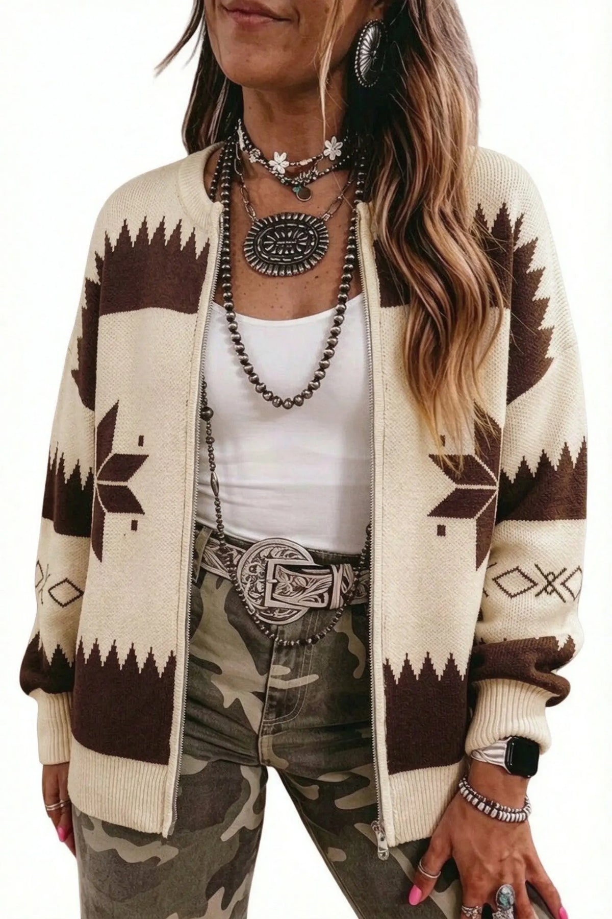 Beige Western Geometric Print Zip Front Loose Sweater Cardigan model front view · nz-alt-v1
