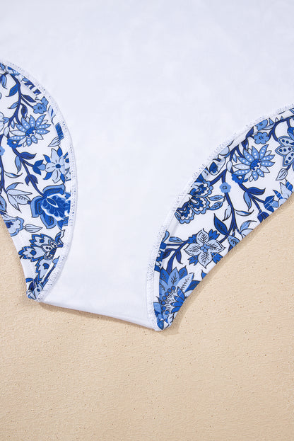 Blue Floral Print Hardware Accent Notched Neck High Waist Bikini Set