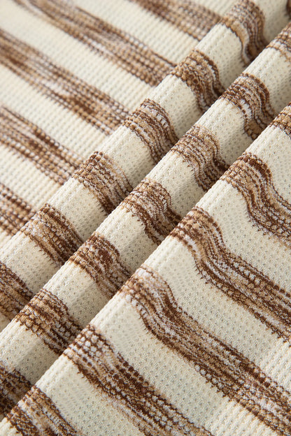 Brown Stripe Textured Knit Color Block Trim Long Sleeve Round Neck Top