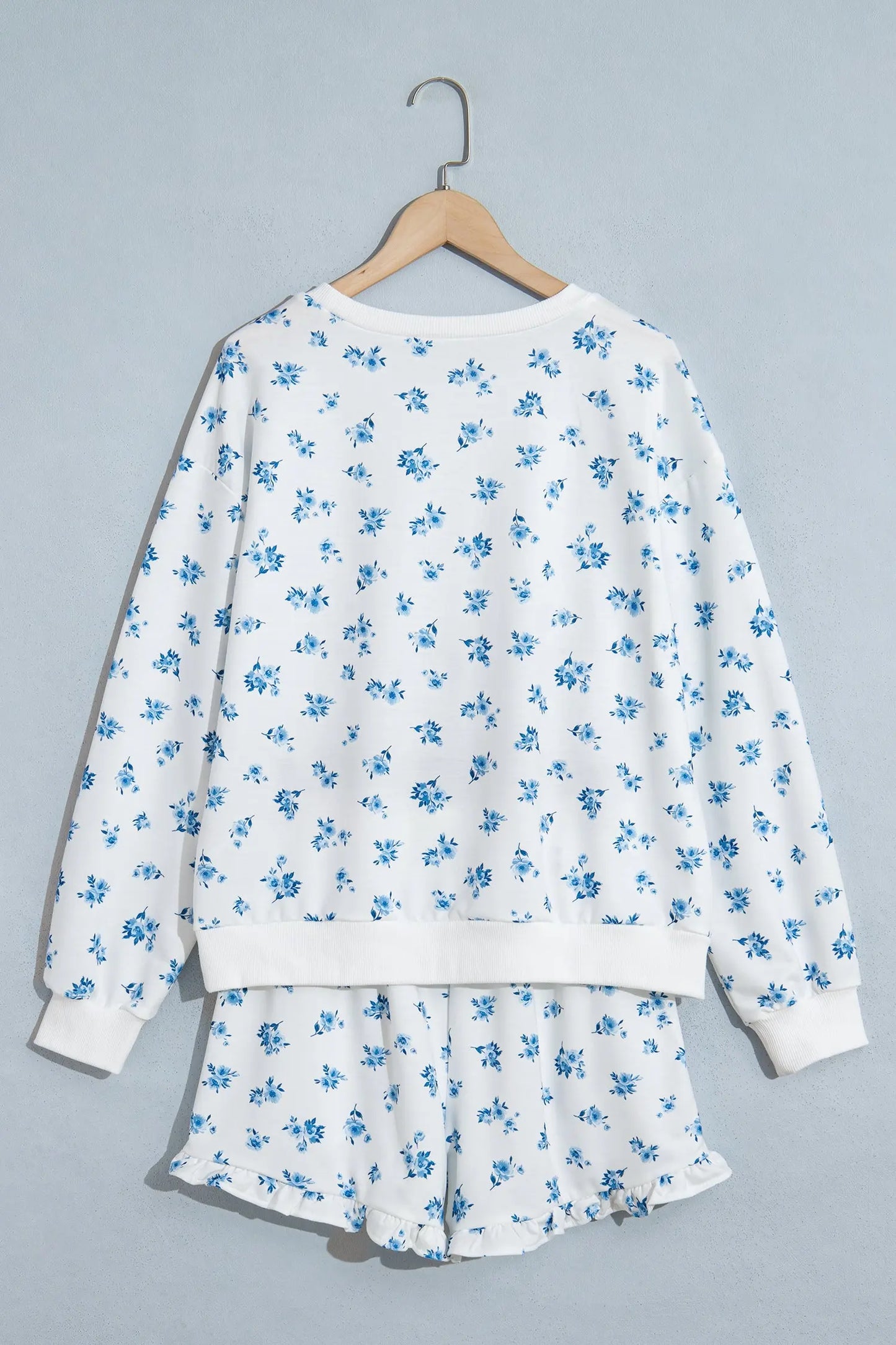 Sky Blue Floral Print Long Sleeve Top Elastic Waist Ruffle Hem Shorts 2pcs Set
