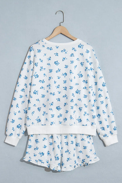Sky Blue Floral Print Long Sleeve Top Elastic Waist Ruffle Hem Shorts 2pcs Set