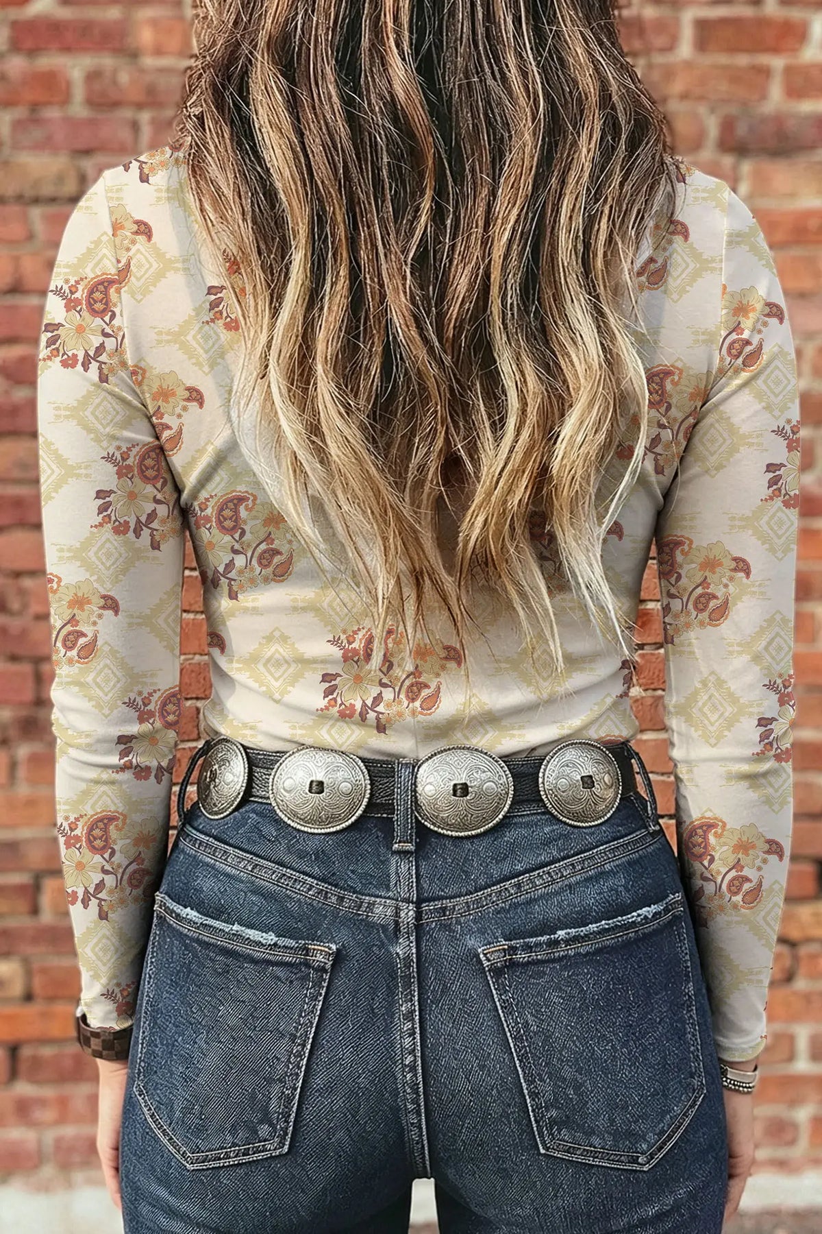 Apricot Floral Print Slim Fit Mesh Long Sleeve Mock Neck Top model back view · nz-alt-v1