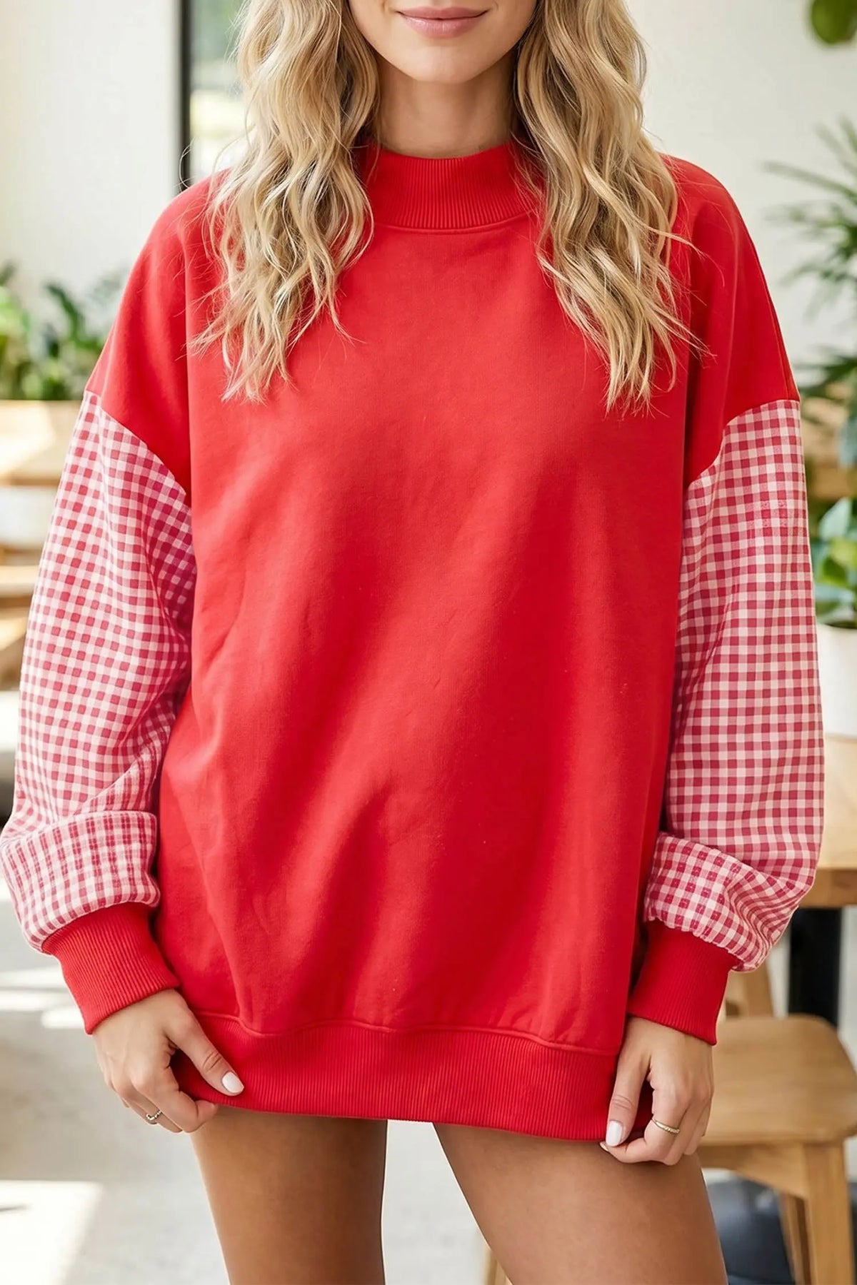 Navy Blue Plaid Sleeve Colorblock Loose Tunic Sweatshirt