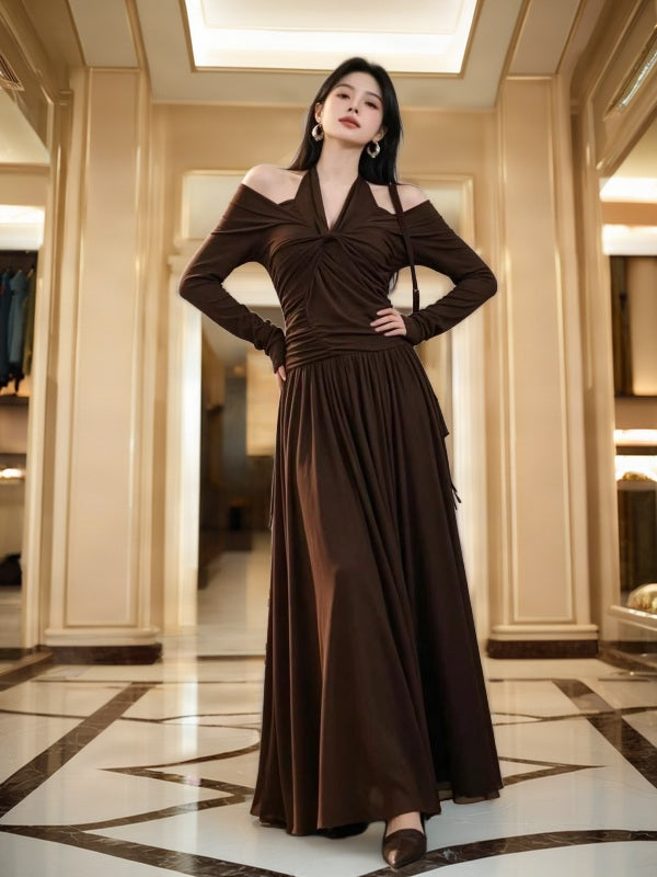 Cold Shoulder Halter Maxi Dress in Chocolate Brown model front view · nz-bg-v1