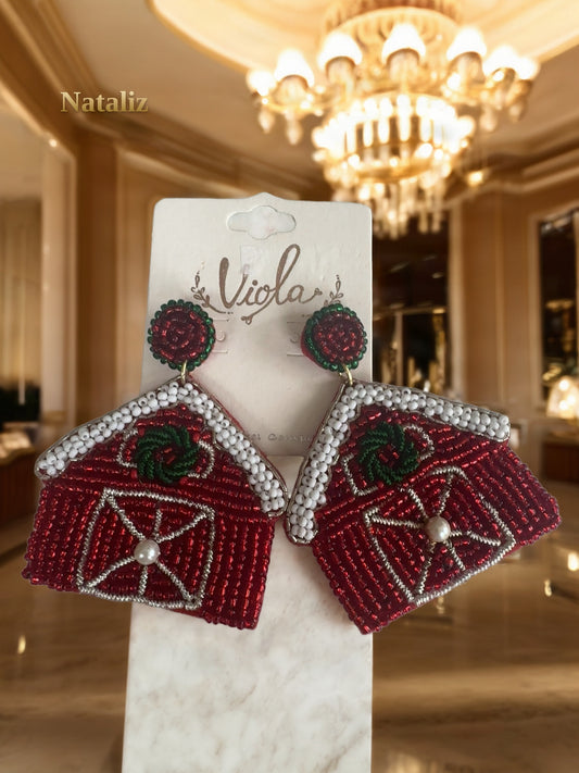 Beaded Christmas House Statement Earrings flat lay view