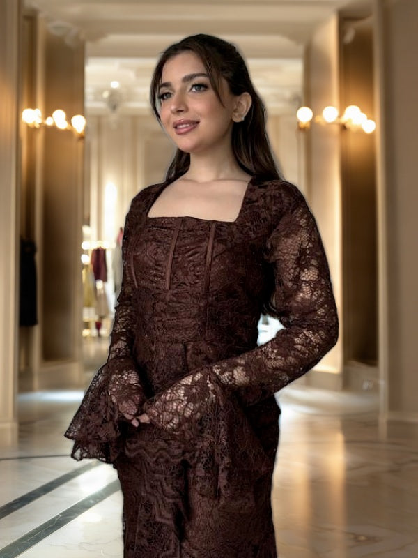 Chocolate Lace Maxi Dress with Ruffle Front Slit model front view · nz-bg-v1