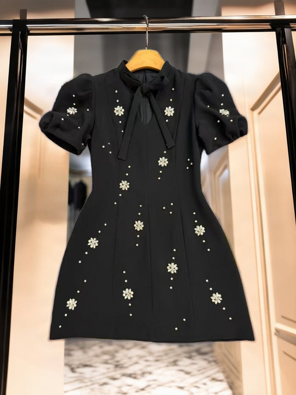 Beaded Daisy Bow-Neck Puff Sleeve Mini Dress hanging view · nz-bg-v1