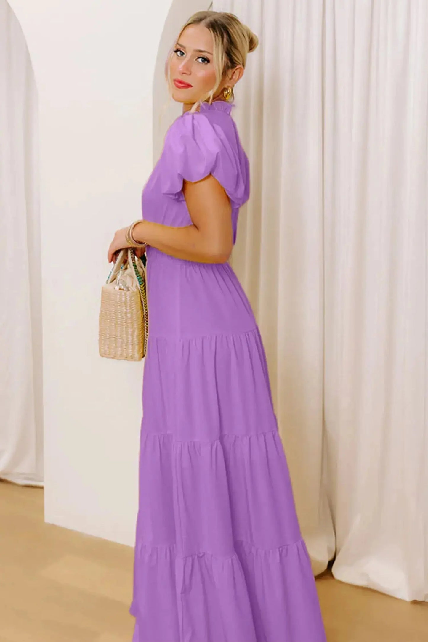 Bright Green Solid Color V Neck Short Puff Sleeve High Waist Tiered Maxi Dress - Casual Dresses