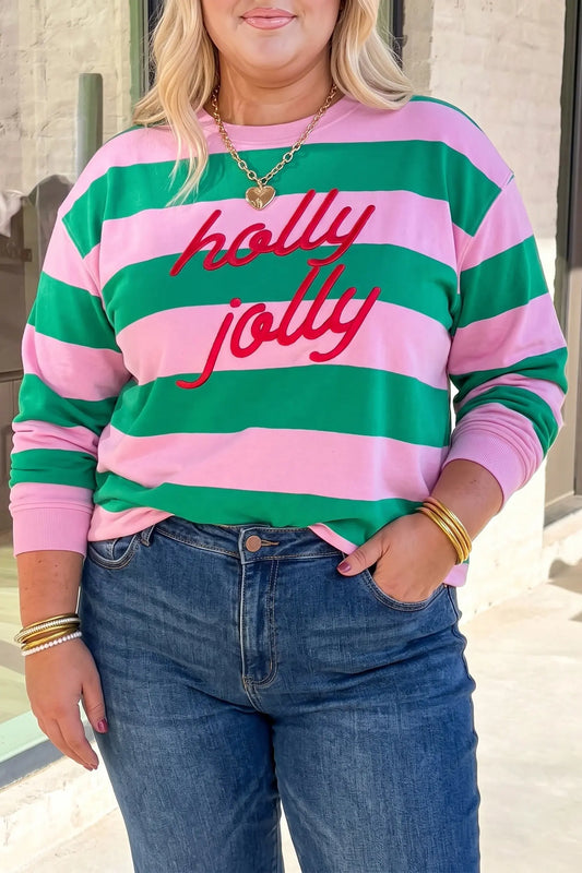 Green Stripe Festive Holly Jolly Printed Casual Plus Size Sweatshirt model front view · nz-alt-v1