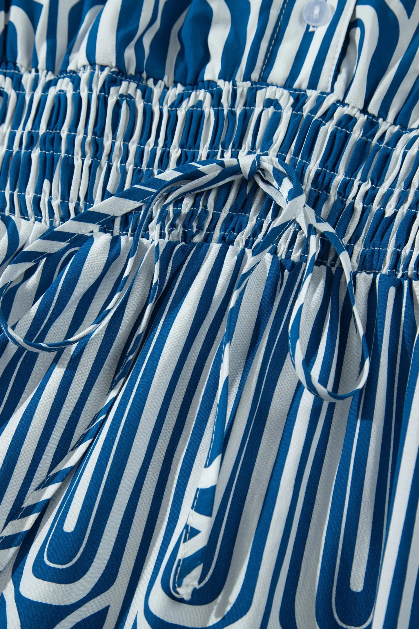 Blue Geometric Print Short Sleeve Drawstring Shirt Collar Dress