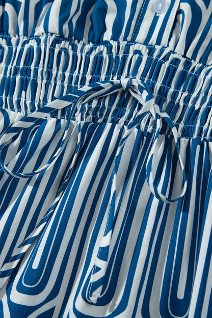 Blue Geometric Print Short Sleeve Drawstring Shirt Collar Dress
