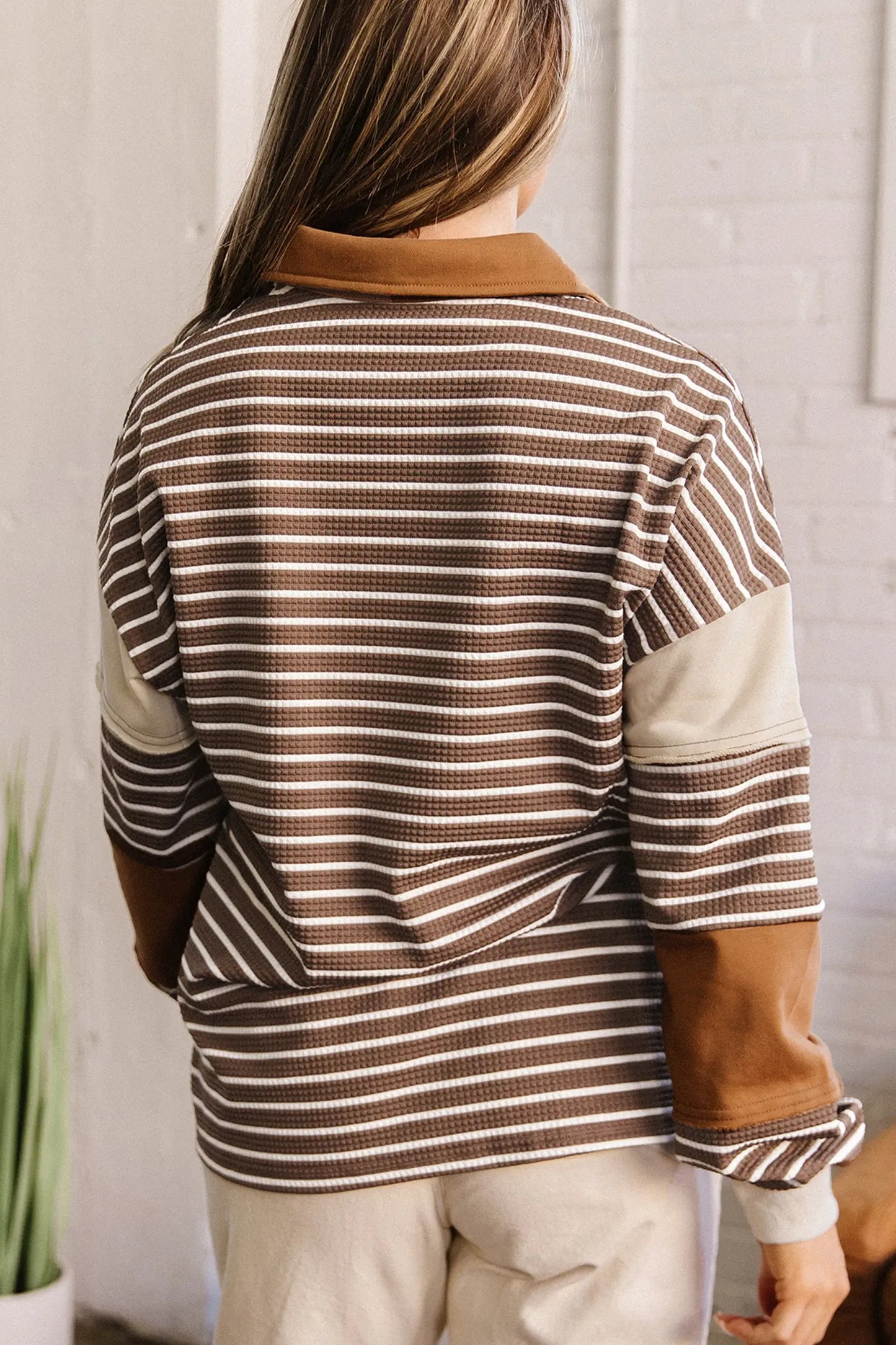 Brown Stripe Collar V Neck Color Block Detail Long Sleeve Pullover Top