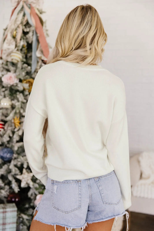 White Christmas Tree Bow Drop Shoulder Knit Sweater model back view · nz-alt-v1
