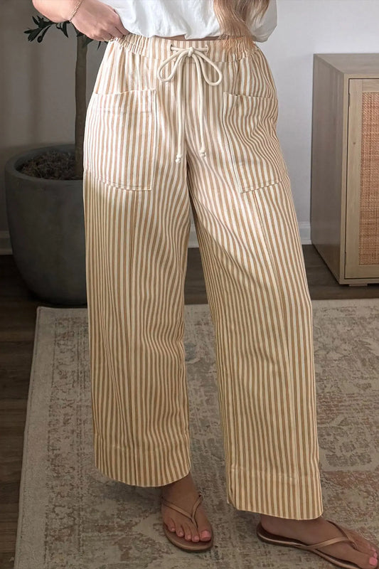 Apricot stripe ribbon drawstring waist full-length pants model front view · nz-alt-v1