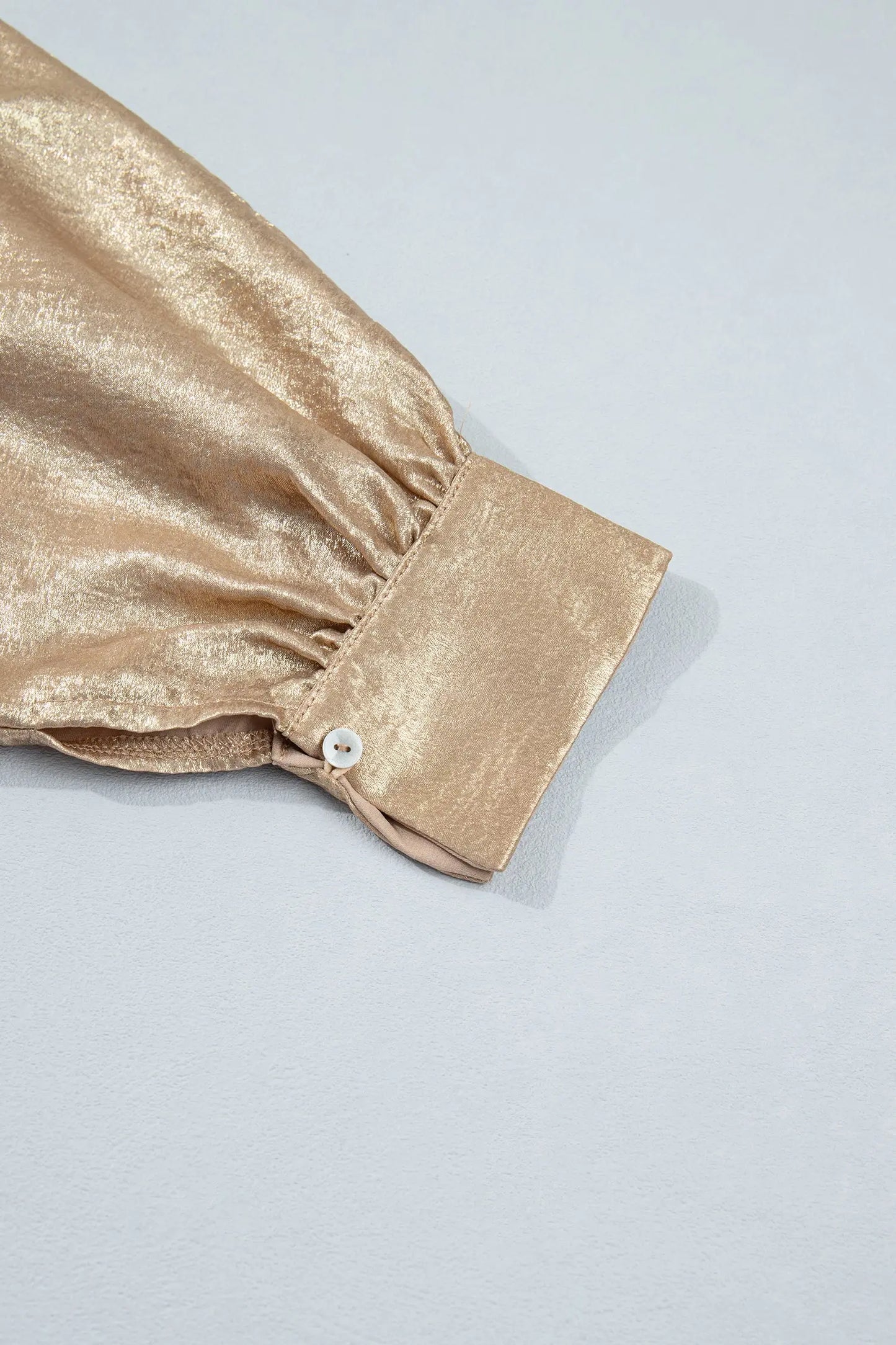 Parchment Metallic V Neck Button Cuffed Long Sleeve Dolman Blouse