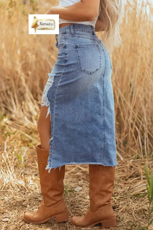 Dark Grey Irregular Distressed Bottom Denim Midi Skirt Dear-Lover Dropshipping