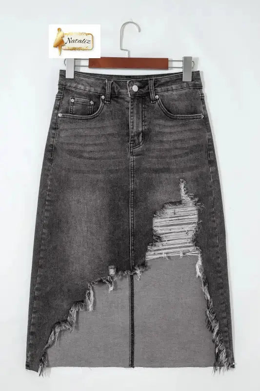 Dark Grey Irregular Distressed Bottom Denim Midi Skirt Dear-Lover Dropshipping