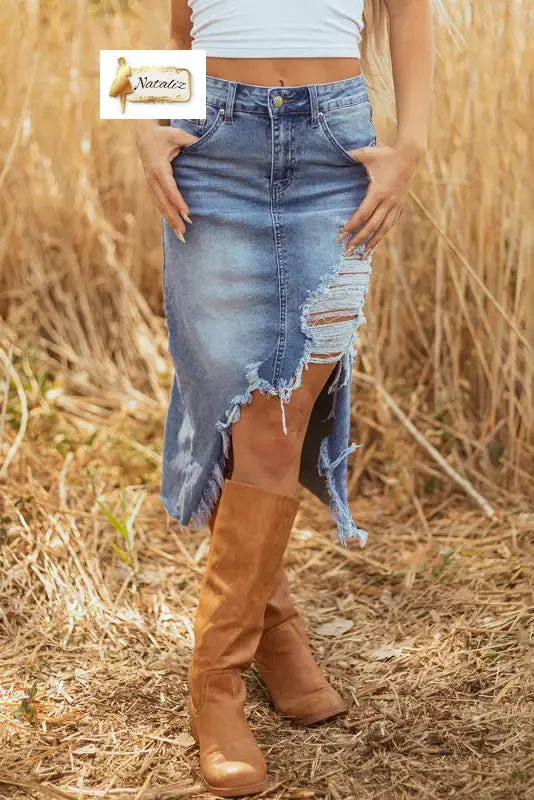 Dark Grey Irregular Distressed Bottom Denim Midi Skirt Dear-Lover Dropshipping