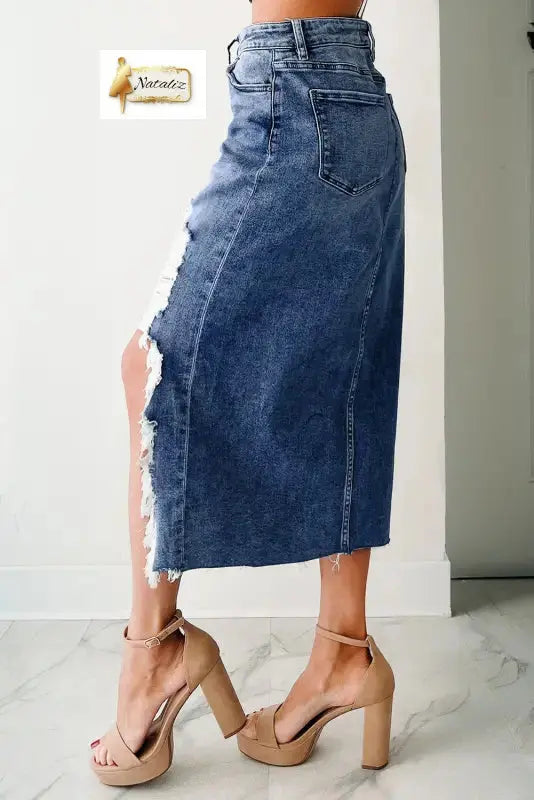 Dark Grey Irregular Distressed Bottom Denim Midi Skirt Dear-Lover Dropshipping
