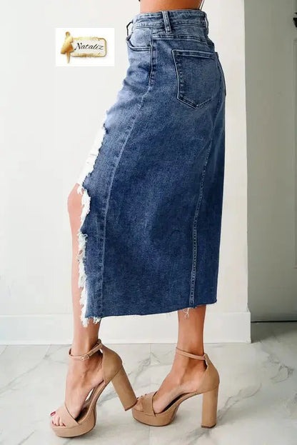 Dark Grey Irregular Distressed Bottom Denim Midi Skirt Dear-Lover Dropshipping
