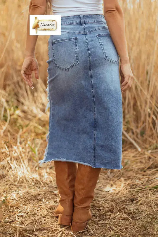 Dark Grey Irregular Distressed Bottom Denim Midi Skirt Dear-Lover Dropshipping