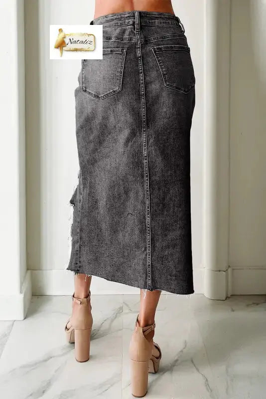 Dark Grey Irregular Distressed Bottom Denim Midi Skirt Dear-Lover Dropshipping