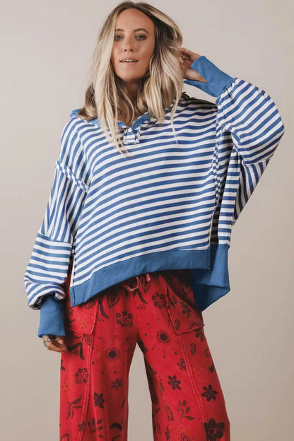 Blue Stripe Color Block Trim Raw Seam Split Hem Loose Pullover Sweatshirt